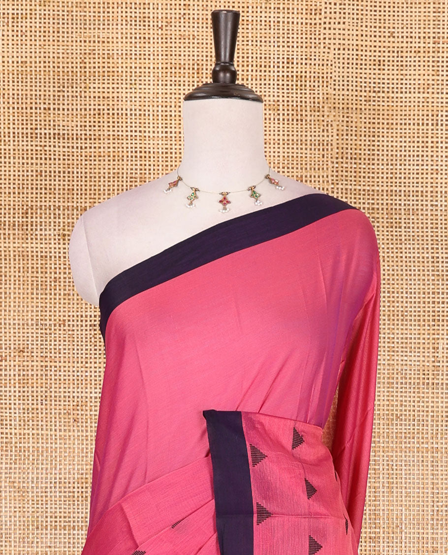 Pink triangle motifs mercerised cotton saree, contrast plain border, striped pallu, and matching triangle motifs blouse
