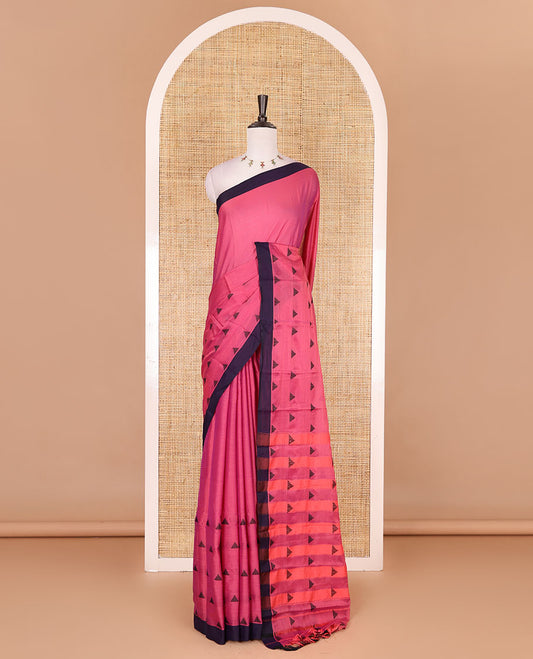 Pink triangle motifs mercerised cotton saree, contrast plain border, striped pallu, and matching triangle motifs blouse