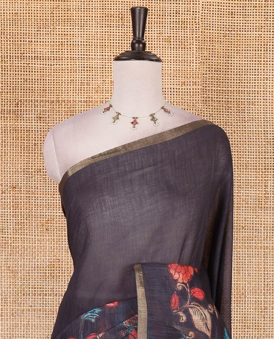 Black-lavender kalamkari floral vine, and peacock printed linen cotton saree, piping border, kalamkari printed pallu, and contrast striped pallu