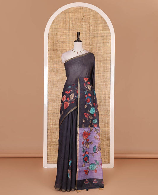 Black-lavender kalamkari floral vine, and peacock printed linen cotton saree, piping border, kalamkari printed pallu, and contrast striped pallu