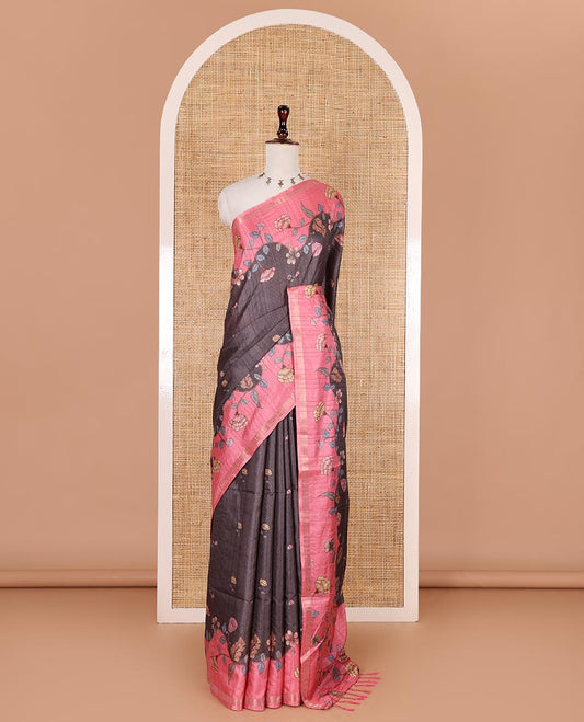 Grey floral motifs printed katan silk saree, contrast scallop floral printed with piping zari border, and contrast buttas blouse
