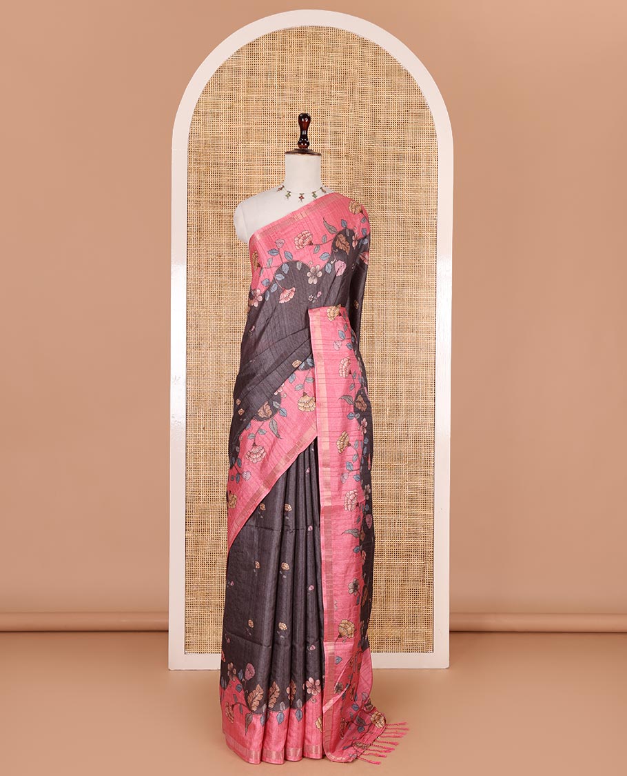 Grey floral motifs printed katan silk saree, contrast scallop floral printed with piping zari border, and contrast buttas blouse