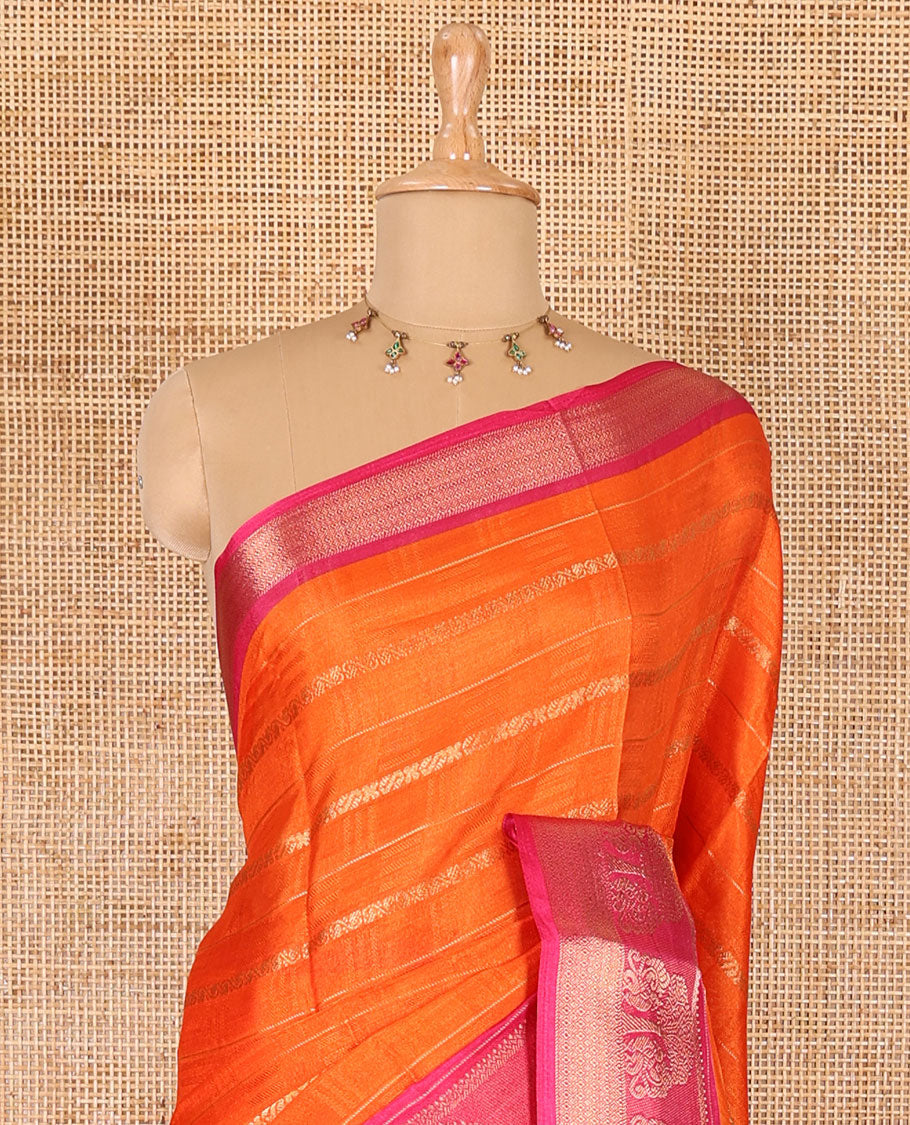 Orange traditional zari design dola silk saree, contrast tree of life and peacock design border, zari design pallu, and contrast zari woven blouse