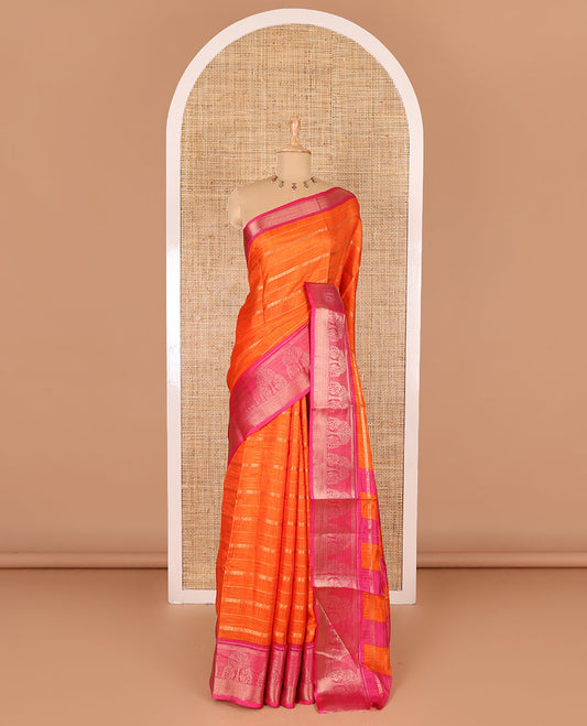 Orange traditional zari design dola silk saree, contrast tree of life and peacock design border, zari design pallu, and contrast zari woven blouse