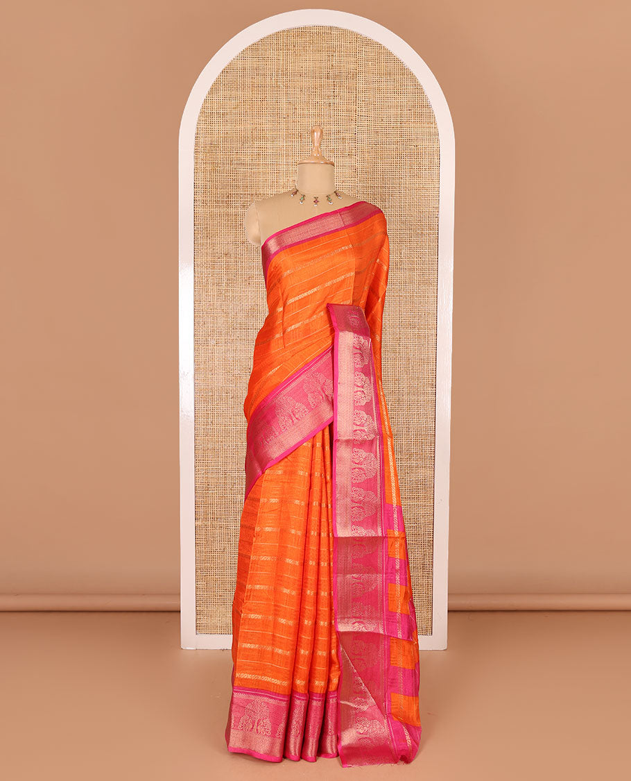 Orange traditional zari design dola silk saree, contrast tree of life and peacock design border, zari design pallu, and contrast zari woven blouse