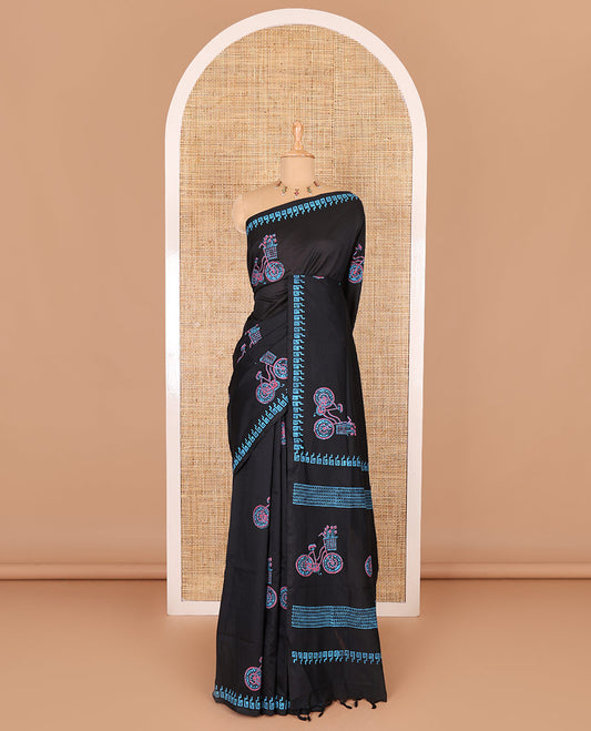Black cycle with flower basket motifs block printed South cotton saree, Greek key motifs block printed border, a matching blouse, and a contrast floral motifs printed blouse