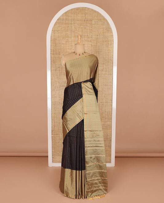 Black Vaira Oosai patterned semi-soft silk saree, contrast double-sided zari woven big border, striped pallu, and a double-colored plain blouse