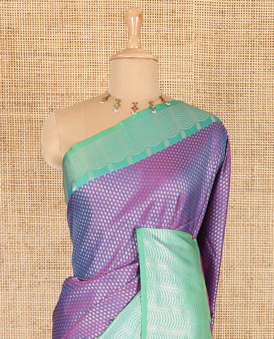 Violet small zari buttas woven elite soft silk saree, contrast zari woven scallop satin border, jaal pallu, and a contrast chakram zari motifs blouse