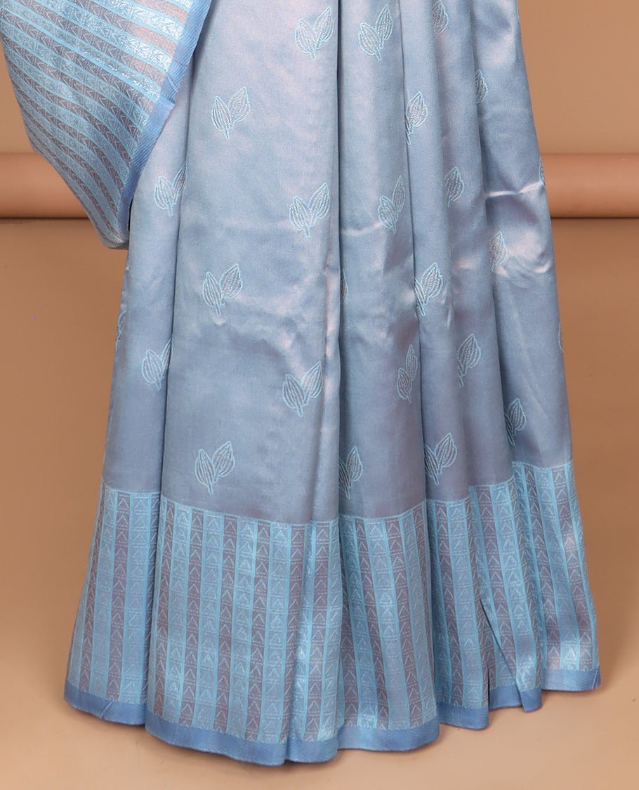 Blue with navy blue double leaf weaving design semi tissue soft silk saree, zari aero mark style weaving border & weraving rich pallu along with small zari butta blouse