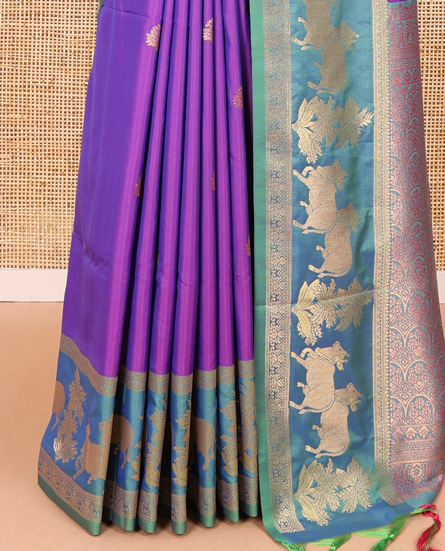Violet zari buttas elite soft silk saree, contrast traditional zari border of Pichwai cow design, scallop pallu, and a contrast zari design blouse