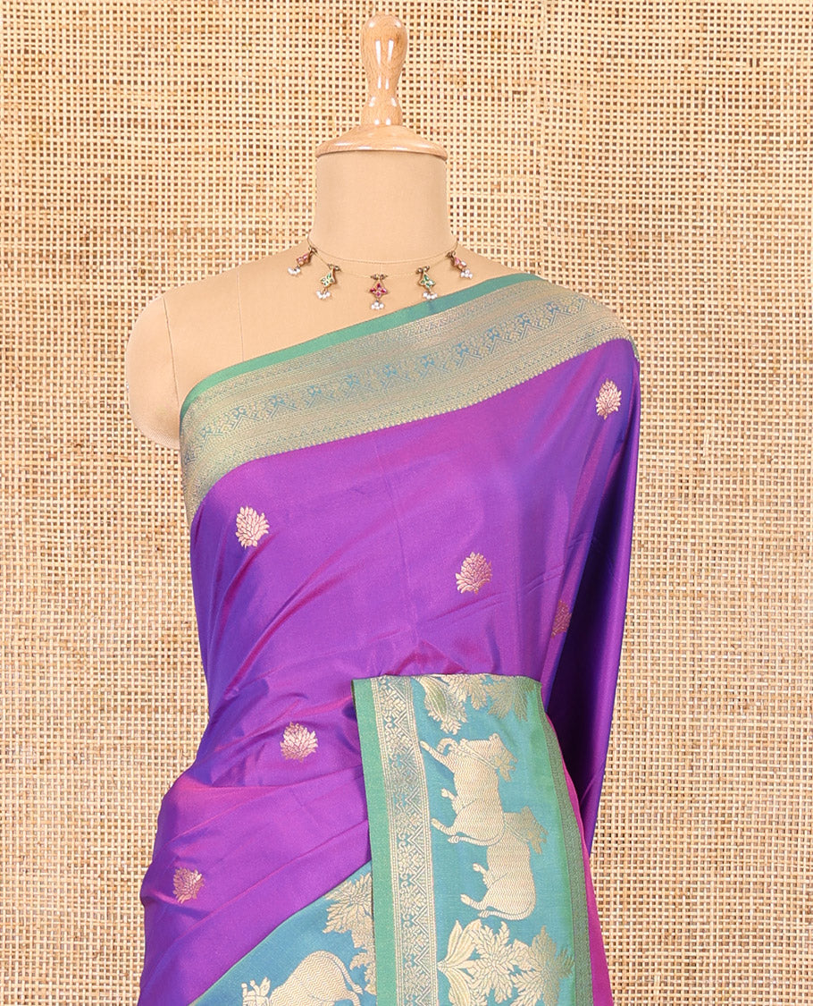 Violet zari buttas elite soft silk saree, contrast traditional zari border of Pichwai cow design, scallop pallu, and a contrast zari design blouse