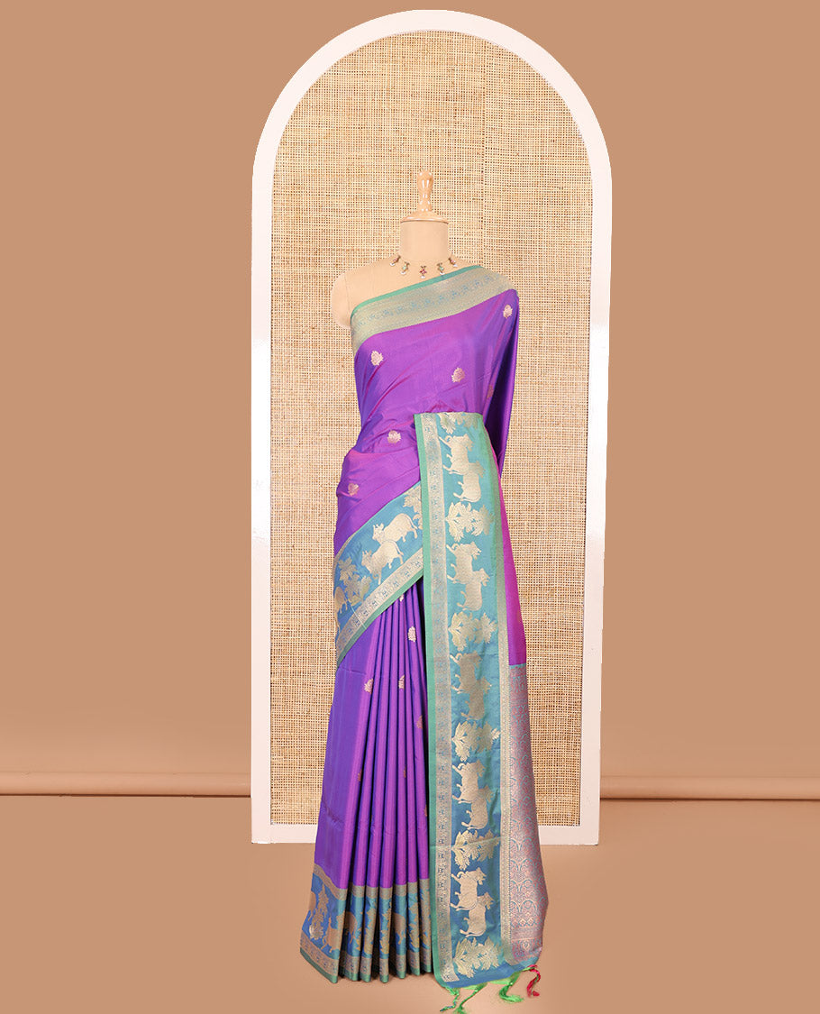 Violet zari buttas elite soft silk saree, contrast traditional zari border of Pichwai cow design, scallop pallu, and a contrast zari design blouse