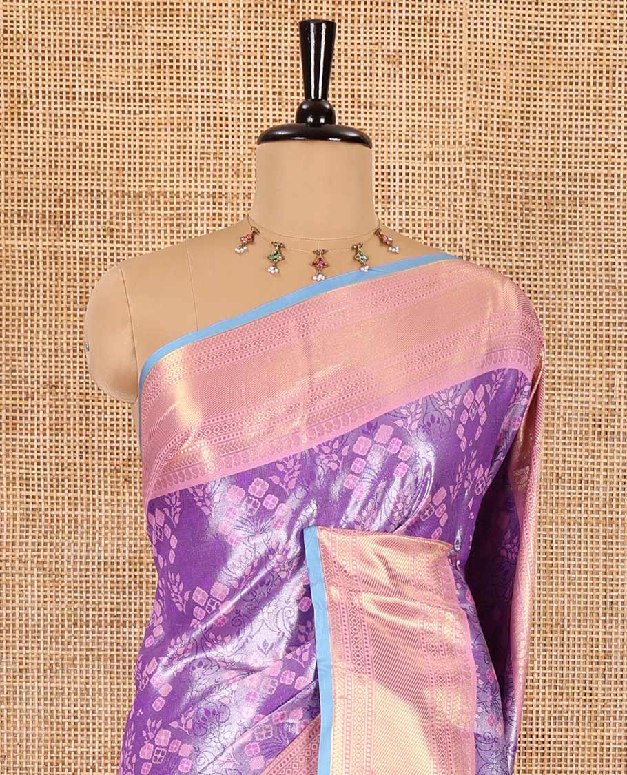 Lavender zari Kanchi tissue saree, contrast traditional zari border, gleaming pallu, and a contrast jacquard blouse