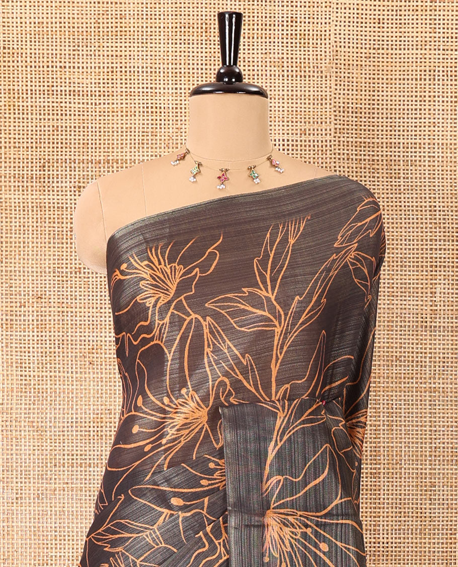 Borderless black big floral motifs printed tissue silk saree with floral printed pallu, and a contrast plain blouse