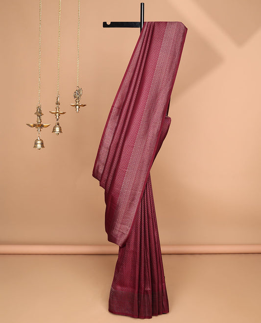 Wine antique zari weaving softy silk saree with antique zari border & small zari butta blouse
