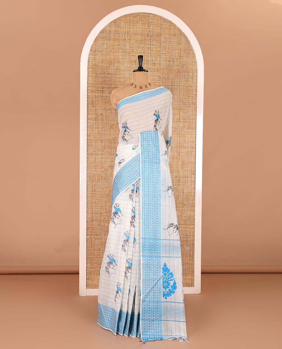Cream-blue horizontal striped and girl motifs printed Mangalagiri cotton saree, traditional motifs woven border, printed pallu, and a contrast blouse