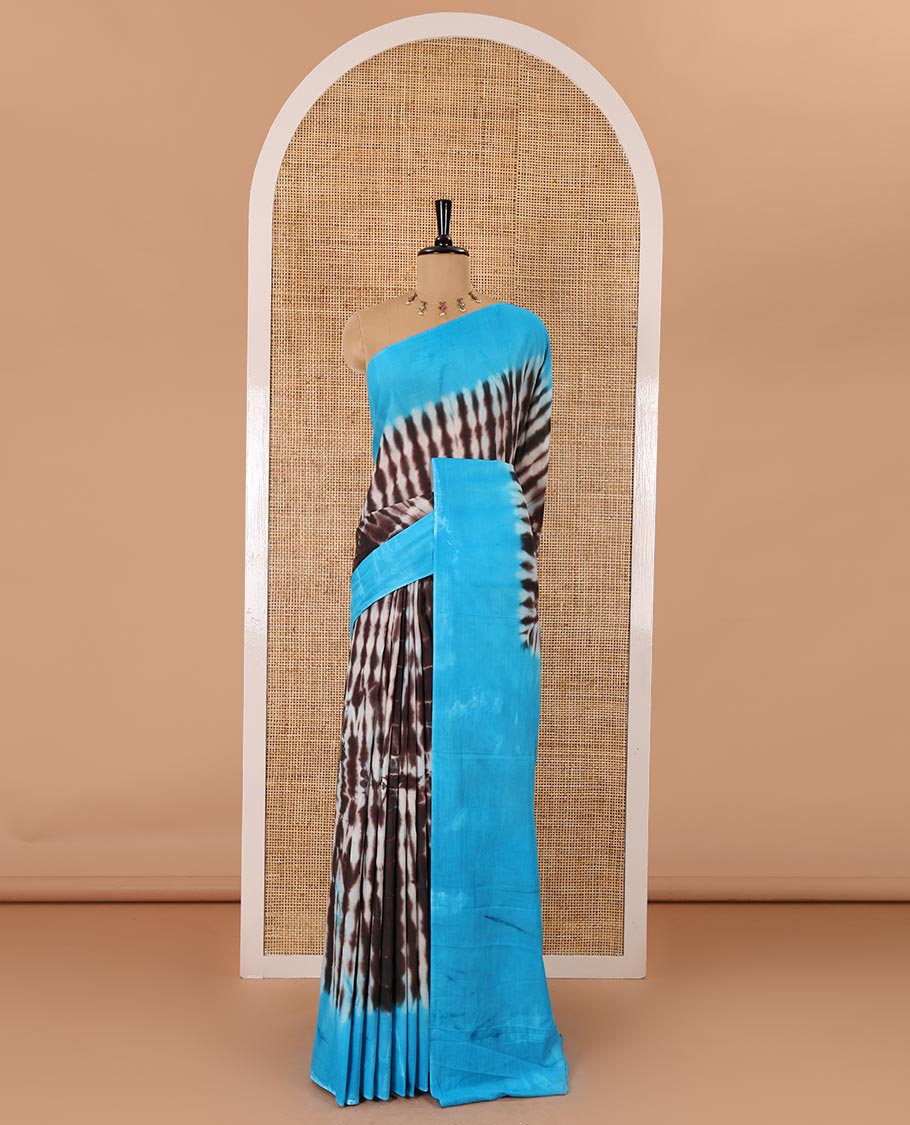 Brown shibori printed pure cotton saree, contrast plain border, plain pallu, and contrast plain blouse