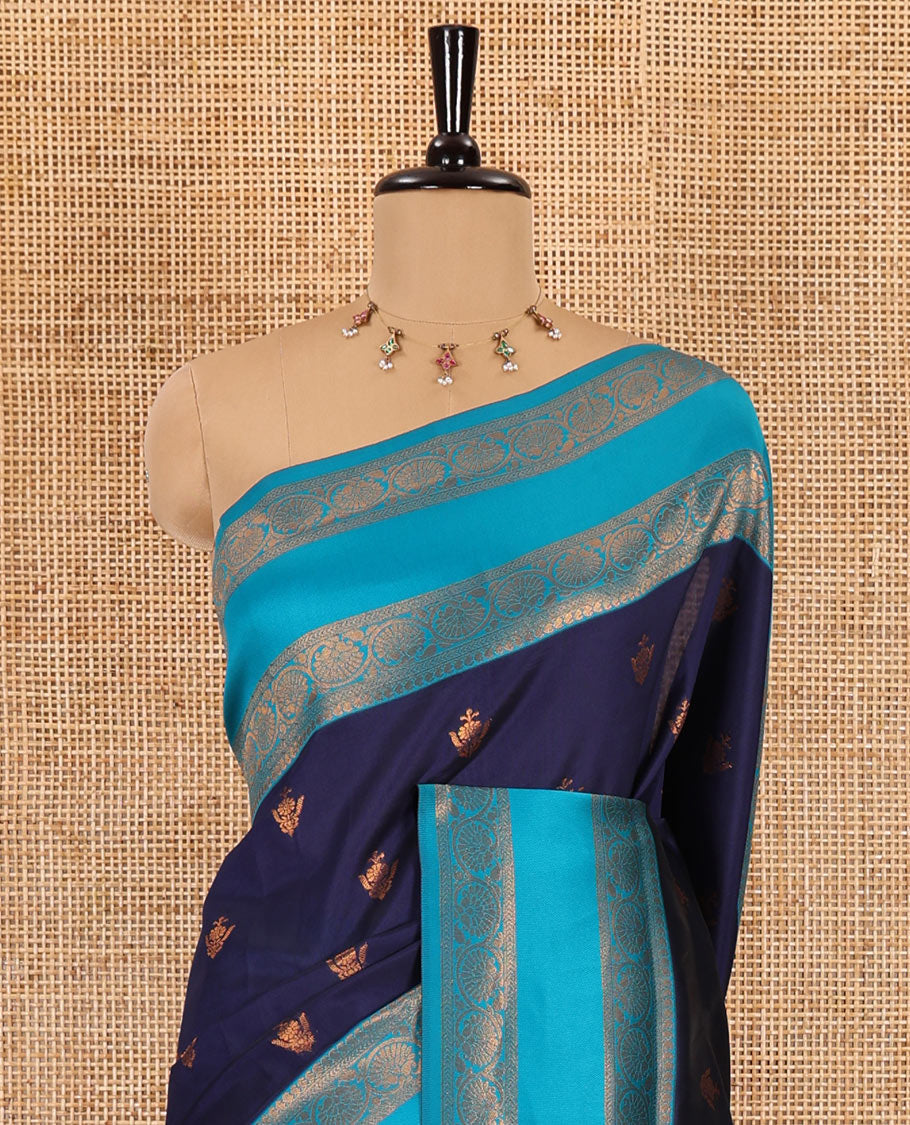 Navy blue copper zari buttas elite soft silk saree , contrast zari weaving border , contrast brocade rich pallu with tussels , and  contrast brocade blouse