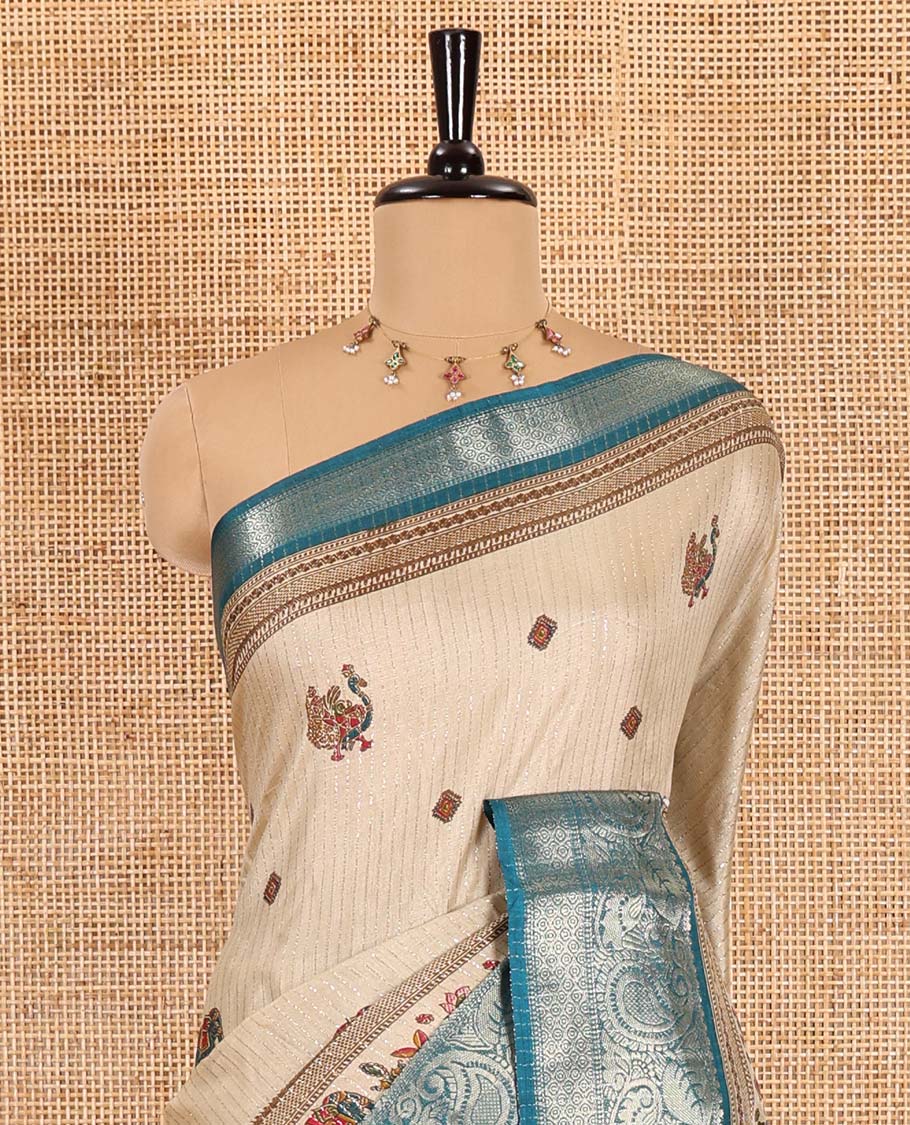 Chikku-rama green vertical striped, and animal motifs printed dola silk saree, contrast manga motifs zari border, animal motifs printed pallu, and a contrast printed blouse