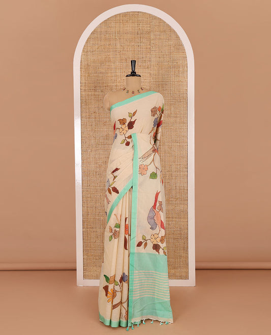 Chikku-green macow parrot and floral printed Mangalgiri cotton saree, contrast thread traditional border, astriped pallu, and floral-stripes printed blouse