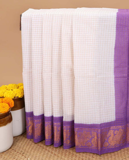 white with violet gold zari checks sungudi cotton saree, contrast jacquard border & chit lining pallu along with checked design blouse