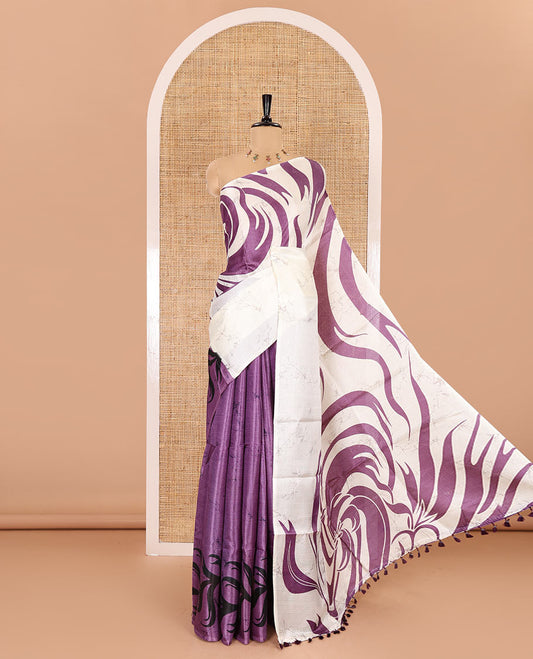 Borderless violet batik-style abstract printed art khadi cotton saree, batik-style abstract printed pallu and contrast batik printed blouse