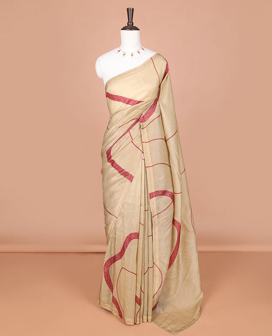 Cream with red fancy print, swarovski stone work cruncy crush saree, swarovski stone work border & self pallu along with swarovski stone work blouse