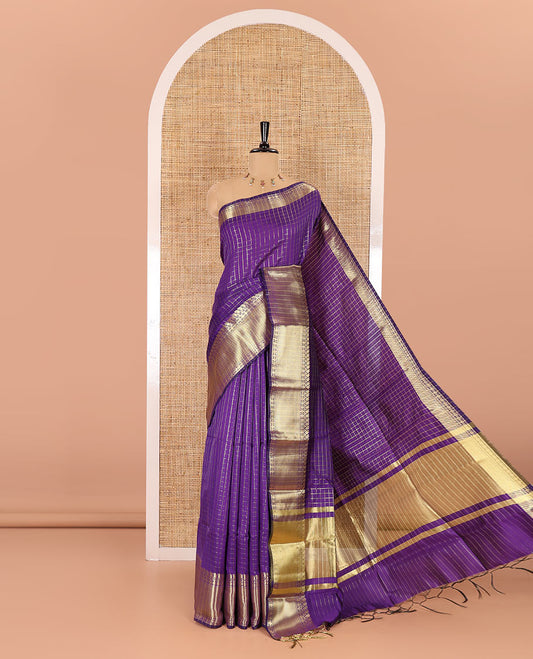 Violet zari checked semi-katan silk saree, traditional zari border, zari-rich pallu, and a matching blouse
