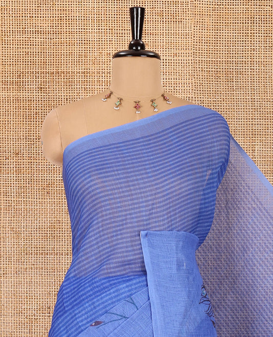 Borderless blue striped and peacock-motif-printed skirt-style linen cotton saree with a self-pallu of peacock print and a matching blouse