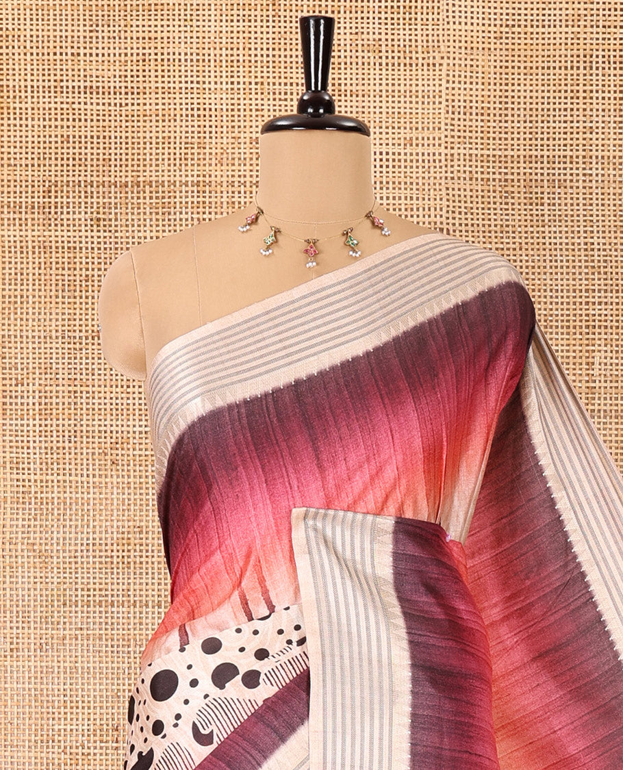 Maroon geometric patterns and polka dots printed semi-tussar saree, contrast horizontal striped zari border, striped pallu, and a contrast blouse