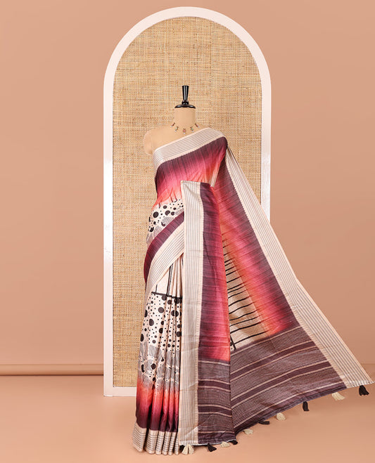 Maroon geometric patterns and polka dots printed semi-tussar saree, contrast horizontal striped zari border, striped pallu, and a contrast blouse