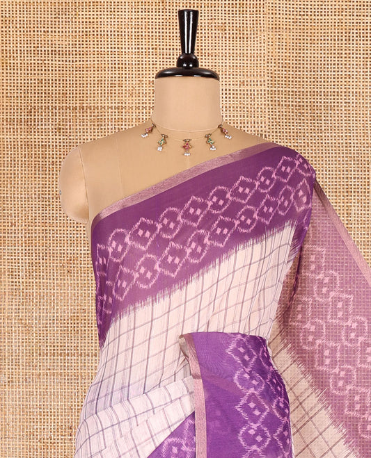 Violet checked linen cotton saree, contrast pochampally style geometric printed border, pochampally printed pallu, and a diamond patterns printed blouse