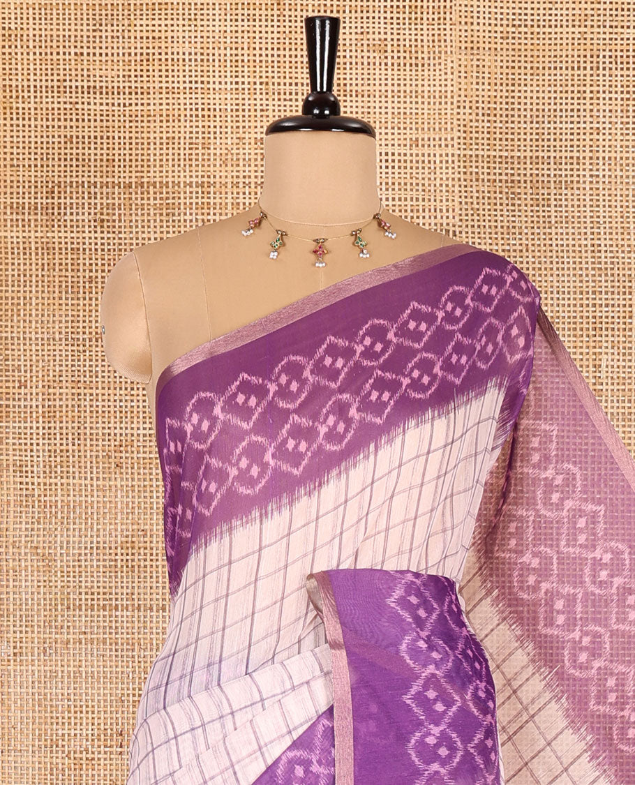 Violet checked linen cotton saree, contrast pochampally style geometric printed border, pochampally printed pallu, and a diamond patterns printed blouse