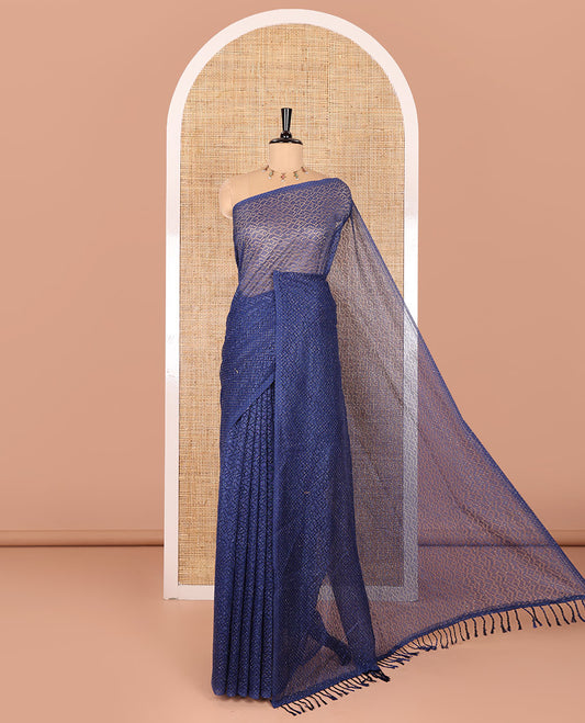 Borderless navy blue sparkling glitter russel net saree with self-pallu, and a contrast floral printed and zig-zag patterned blouse