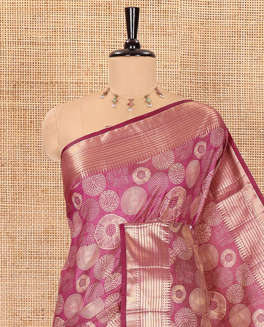 Purple lotus-leaf style printed semi-tussar saree, traditional zari border, zari striped pallu, and a matching blouse