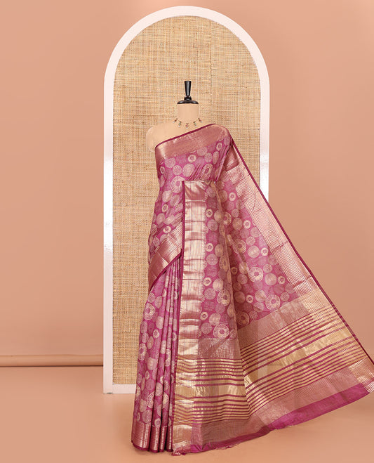 Purple lotus-leaf style printed semi-tussar saree, traditional zari border, zari striped pallu, and a matching blouse