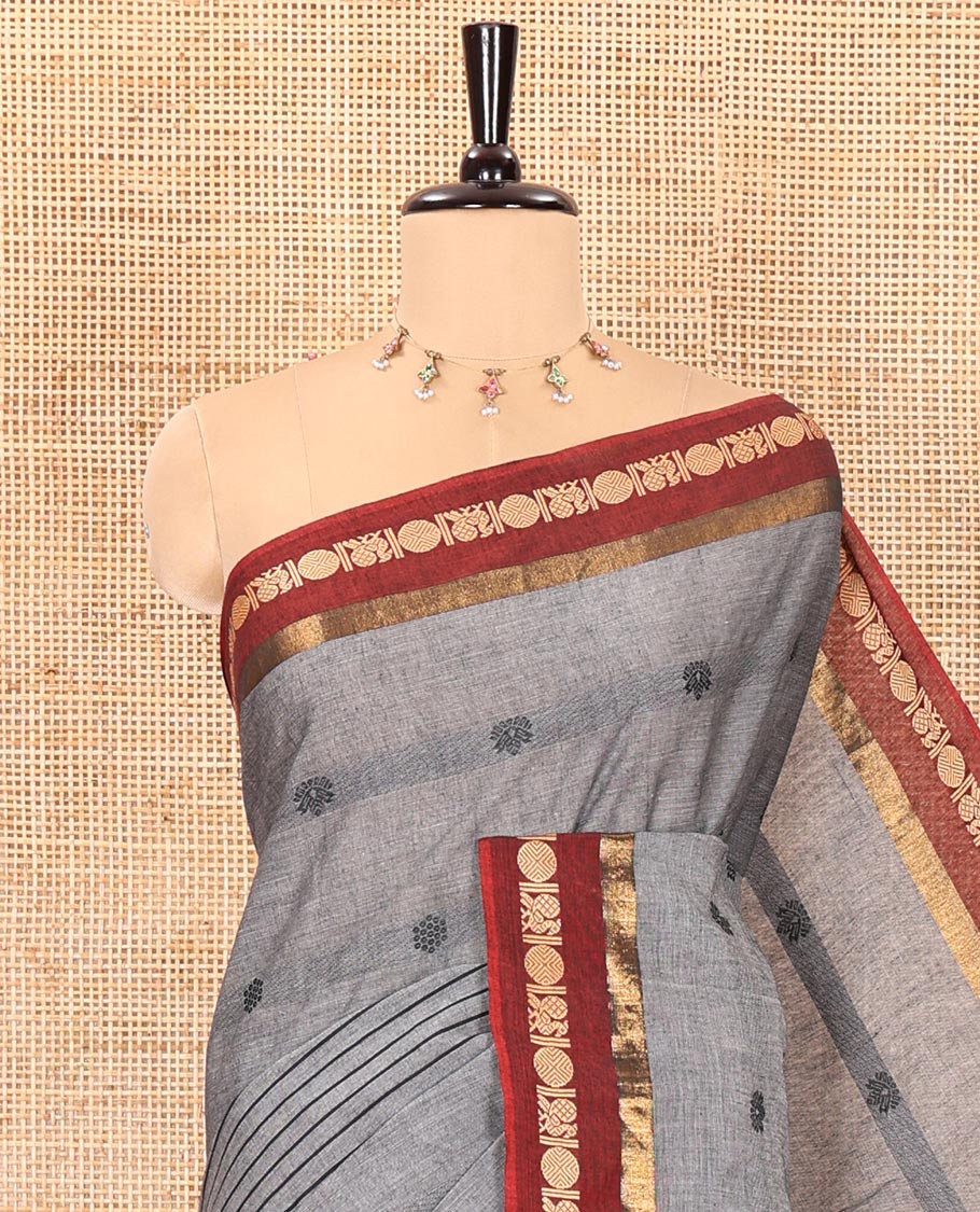 Grey horizontal stripes and velthari thread butta design chettinad cotton saree , contrast peacock , rudraksham border and lining chit pallu