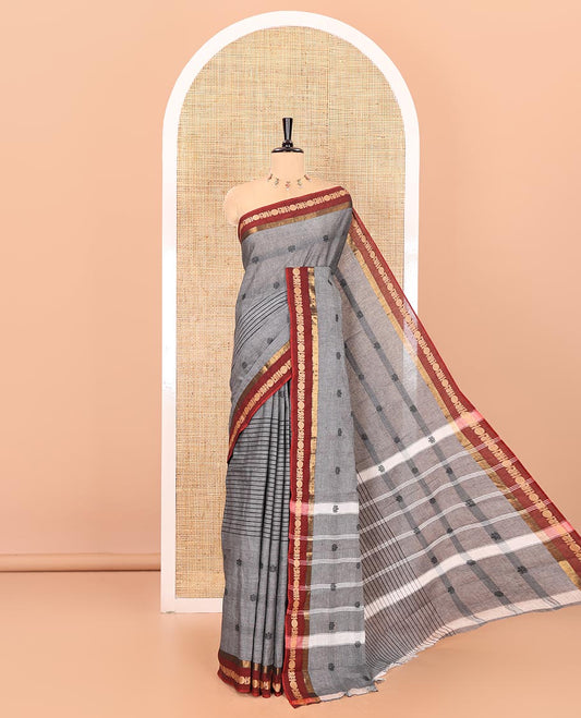 Grey horizontal stripes and velthari thread butta design chettinad cotton saree , contrast peacock , rudraksham border and lining chit pallu