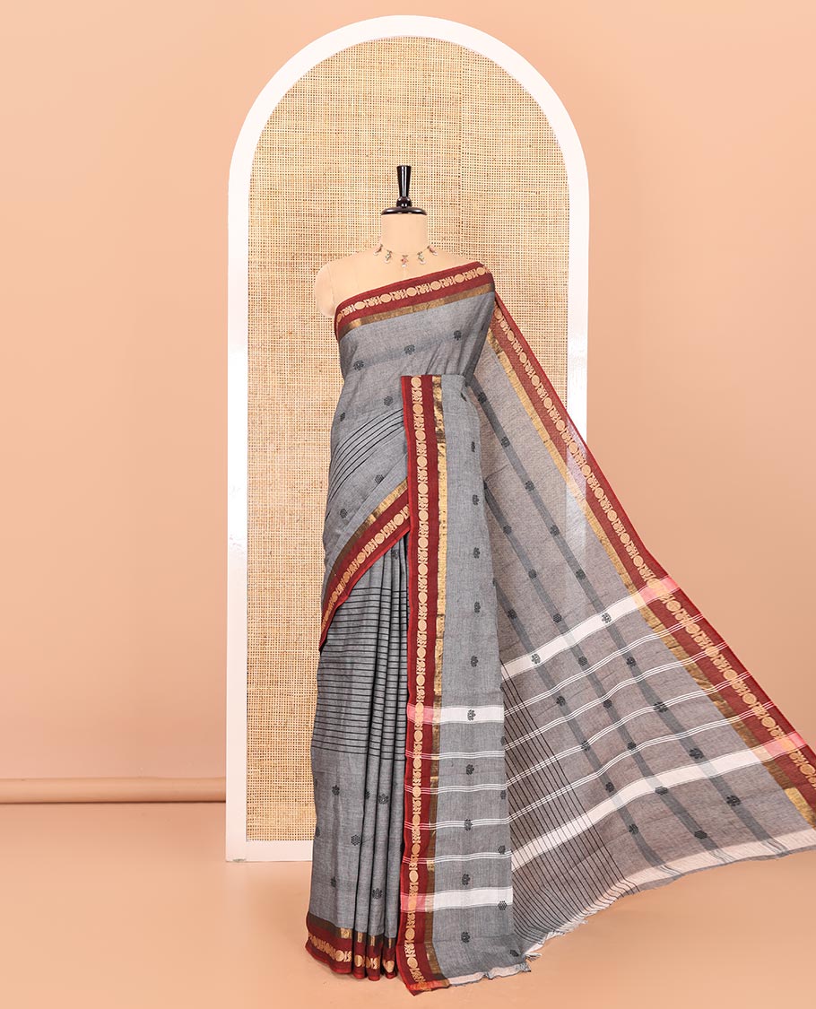 Grey horizontal stripes and velthari thread butta design chettinad cotton saree , contrast peacock , rudraksham border and lining chit pallu