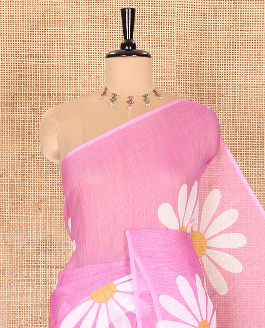 Borderless Baby Pink Linen Saree Beautified with Big Daisy Flower Motifs Printed All Over the Body and Pallu, Complemented by a Contrast Blouse Printed with Daisy Flower Motifs