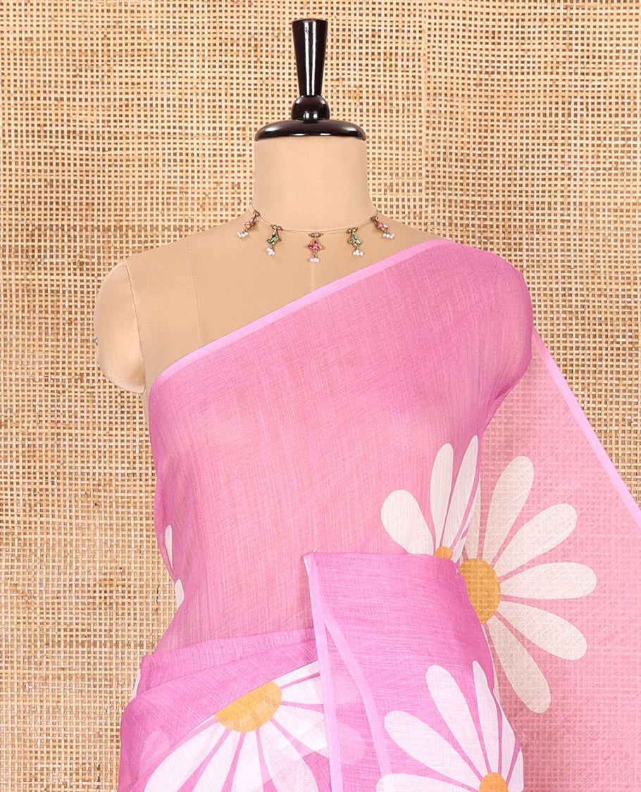 Borderless Baby Pink Linen Saree Beautified with Big Daisy Flower Motifs Printed All Over the Body and Pallu, Complemented by a Contrast Blouse Printed with Daisy Flower Motifs