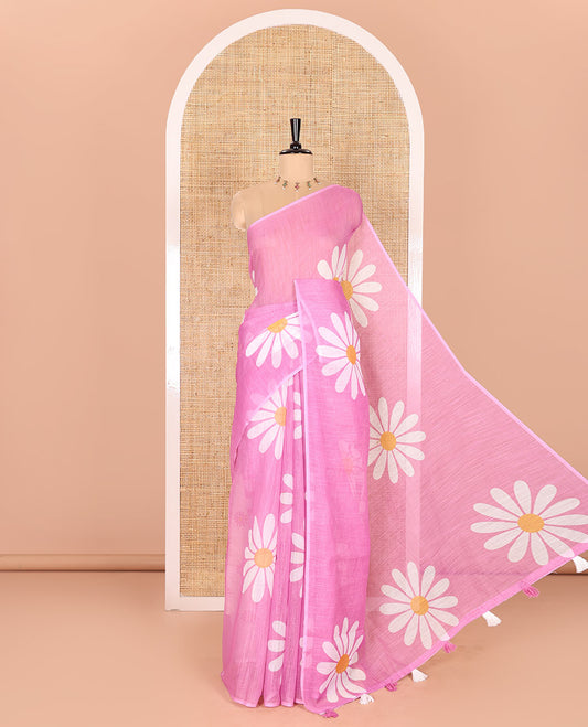 Borderless Baby Pink Linen Saree Beautified with Big Daisy Flower Motifs Printed All Over the Body and Pallu, Complemented by a Contrast Blouse Printed with Daisy Flower Motifs