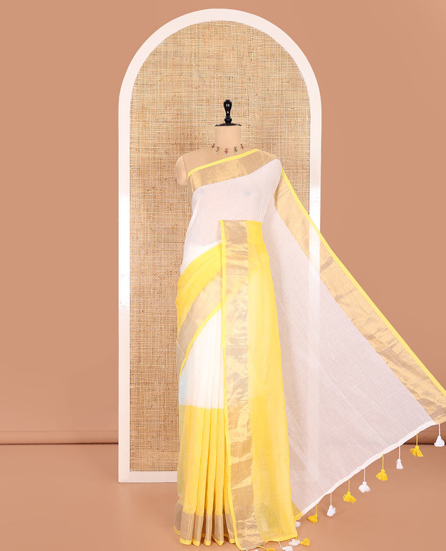 Cream and Yellow Plain Khadi Mul Cotton Saree Features a Gleaming Zari Bavanji Border, and a Contrast Yellow Plain Blouse