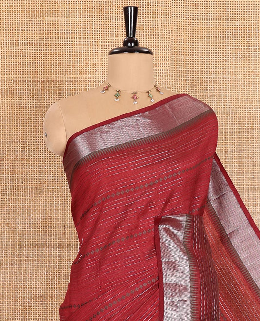 Maroon Semi-Tussar Saree Delicately Woven with Zari Horizontal Stripes and Thread Floral Designs, Featuring a Subtly Woven Temple Zari Border, a Striped Pallu, and a Matching Blouse