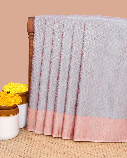 Grey silver zari weaving silk cotton saree with self border & contrast pallu along with plain blouse