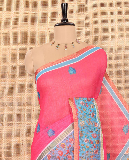 Pink Linen Saree Elevated with Leaf Motifs All Over Its Body, Complemented by a Contrast Floral Vine Printed Border, Pallu Mirrors the Floral Vine Print, and Paired with a  Contrast Floral Printed Blouse