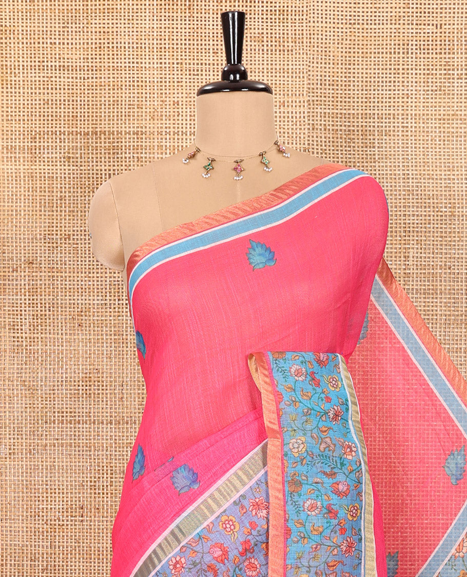 Pink Linen Saree Elevated with Leaf Motifs All Over Its Body, Complemented by a Contrast Floral Vine Printed Border, Pallu Mirrors the Floral Vine Print, and Paired with a  Contrast Floral Printed Blouse