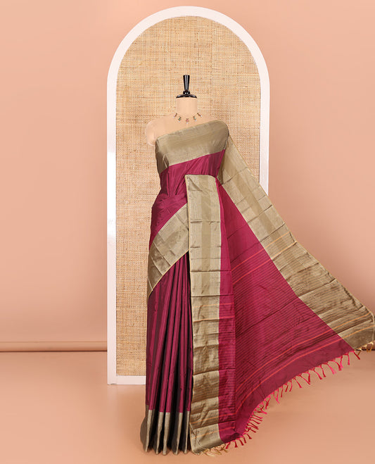 Purple Plain Semi-Soft Silk Saree, Complemented by a Contrast Horizontally Zari Striped Border, Sparsely Striped Pallu, and a Matching Blouse