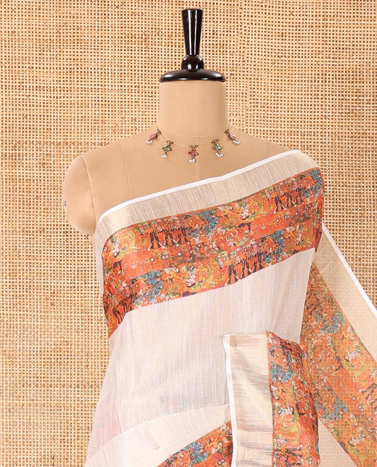 Cream and Orange Plain Tissue Saree Creatively Decked with Contrasting Kerala Mural Painting-Style Intricately Printed Border, Painting-Style Printed Pallu, and a Contrast Plain Blouse