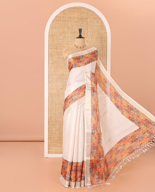 Cream and Orange Plain Tissue Saree Creatively Decked with Contrasting Kerala Mural Painting-Style Intricately Printed Border, Painting-Style Printed Pallu, and a Contrast Plain Blouse